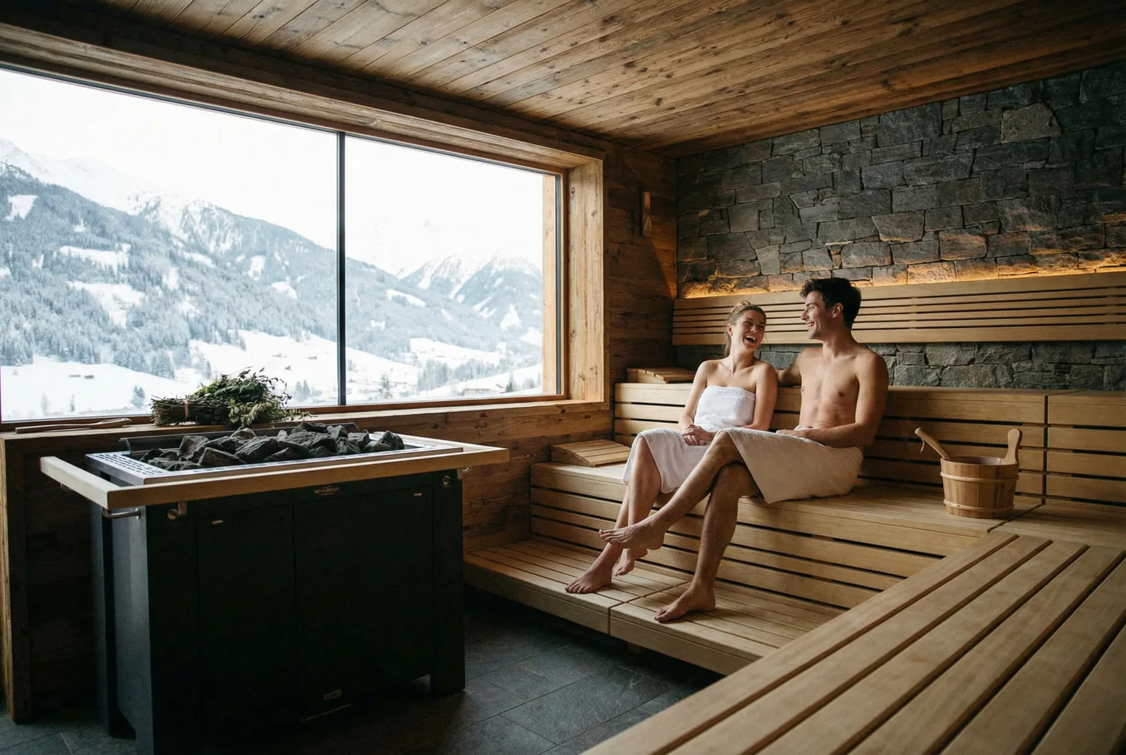 Wellnesshotel Sauna mit Gästen – Professionelle Interiorfotografie zur Inszenierung von Spa-Bereichen und Lichtarchitektur